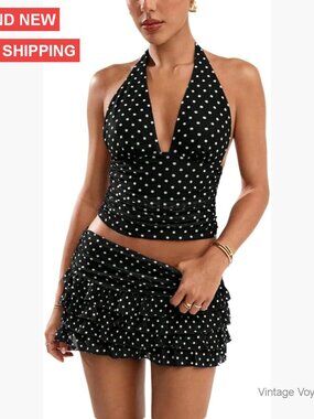 Polka Dot Two Piece Skirt Set Halter Top Ruffle Mini Skirt Medium